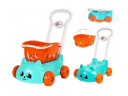 Nákupní vozík tyrkysový s motivem kočky s odnímatelným košíkem