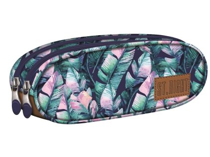 penál oválný St.RIGHT - BLUE LEAVES, PU-02, dvoukomorový