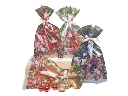 Sáček celofan 22,5x35 cm průhledný Zimní krajina, červený