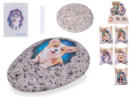 Kamínek se samolepkou pejska, 6druhů, v krabičce