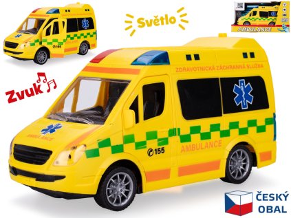 Auto ambulance CZ 21,5cm, 1:20 na setrvačník na baterie se světlem a zvukem, v krabičce