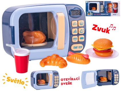 Mikrovlnná trouba 22x15x10cm modrá na baterie s doplňky se světlem a zvukem v krabičce