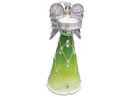 skleněný anděl 20cm,na 1 čajovou svíčku, zelený