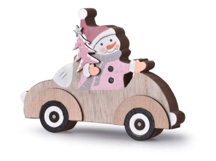 Dekorace dřevo 150x115mm autíčko&sněhulák, přírodní, bílá, růžová