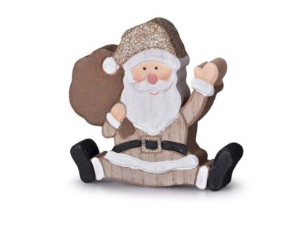 Dekorace dřevo 115x110mm Santa, přírodní s glitrem, bílá, hnědá