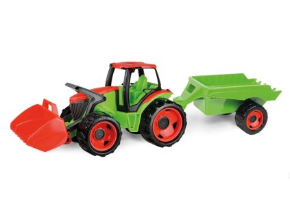 Traktor se lžící a s vozíkem, červeno zelený