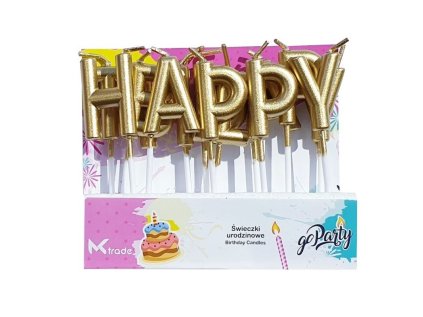 Dortové svíčky Happy Birthday zlaté