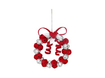 dekorace zavesna cerveno stribrny kruh z rolnicek 9 cm 1ks