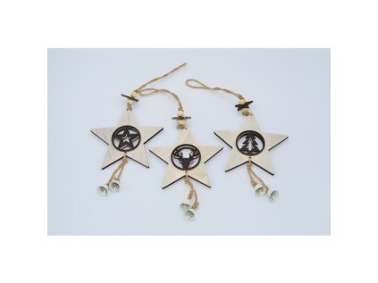 dekorace zavesna hvezda drevena natur 11 cm mix 1ks