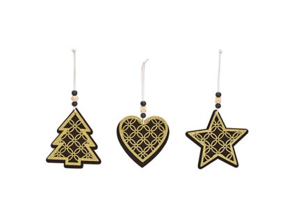 dekorace zavesna vanocni motivy drevene 12 cm cerno zlate mix 1ks