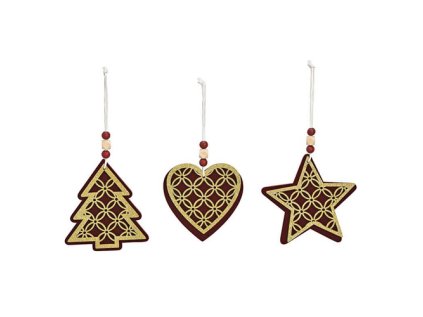 dekorace zavesna vanocni motivy drevene 12cm bordove zlate mix 1ks