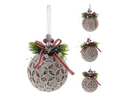 vanocni koule 8 cm krajkova se stuhou zlate trpytky mix 1ks