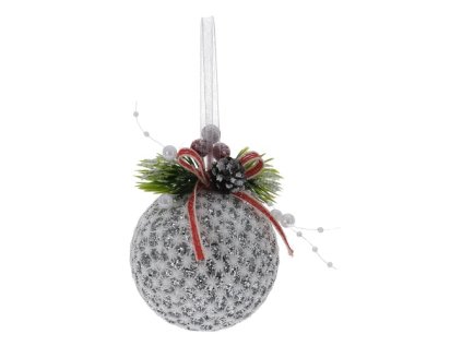 vanocni koule 8 cm krajkova se stuhou stribrne trpytky mix 1ks