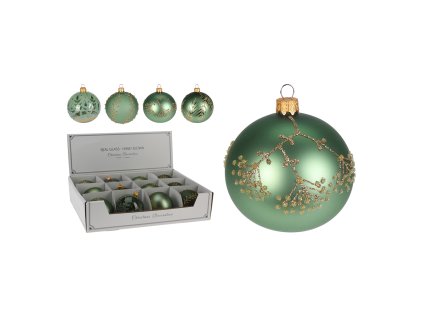 vanocni sklenena koule 8 cm rucne foukana zelena ve 4 designech