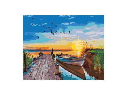 diamantove malovani s ramem zapad slunce nad jezerem s lodkou