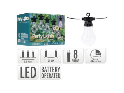 party osvetleni retez 8 led zarovek tepla bila delka 6 5m