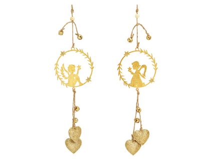 zavesna dekorace kovovy andel se srdicky zlaty 9x30 cm mix 1 ks