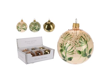 vanocni koule sklenena 100 mm zlato zelena kvetinovy dekor 3 designy cena za 1 ks