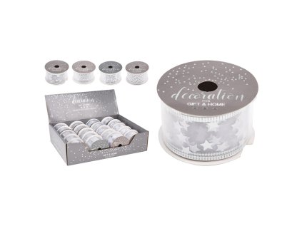 stuha dekoracni 38x2700 mm stribrna bila 4 vzory