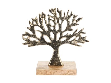 dekoracni stromek hlinikovy ve zlate barve na drevenem podstavci 16 cm