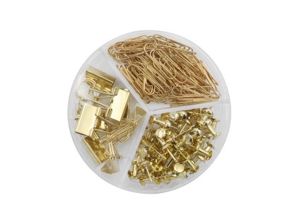 kancelarska sada 3v1 kancelarske sponky spony do poradace spony zlata