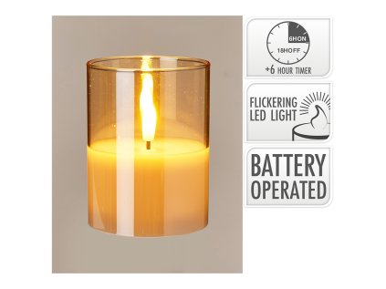sklenena led svicka s casovacem 10 cm uvnitr vosk realisticky plamen jantarova barva b