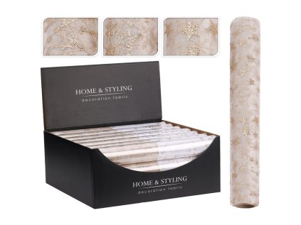 organza latkova 30x500 cm vzor hvezdy bobule snehove vlocky zlata sampan barva