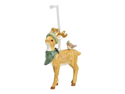 soska jelena s ptakem 9 cm stojici prirodni barva stuha na zaveseni