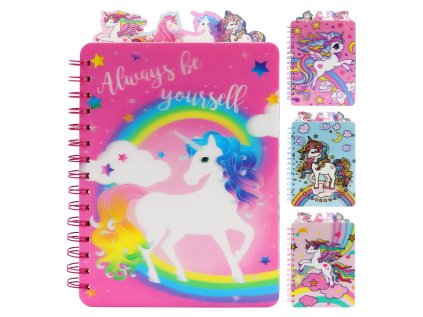 detsky spiralovy zapisnik s plastovymi zalozkami 120 listu jednorozec mix vzoru