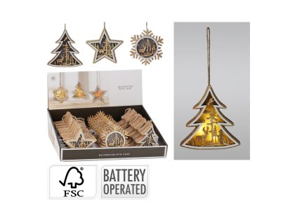 zavesna dekorace vanocni motivy s led svetylky na drevenem podstavci 12 cm mix 1ks
