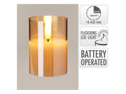 sklenena led svicka s casovacem 7 cm vosk uvnitr realisticky plamen jantarova barva