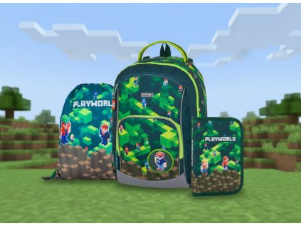 Oxybag Školní sada set 3-dílný OXY GO Playworld ve stylu Minecraft - batoh, penál, sáček 0-47125