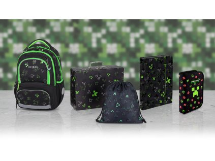 Oxybag Školní sada 5 ks set batoh OXY NEXT Green Cube ve stylu Minecraft, penál, sáček, box, kufr 9-14625/05