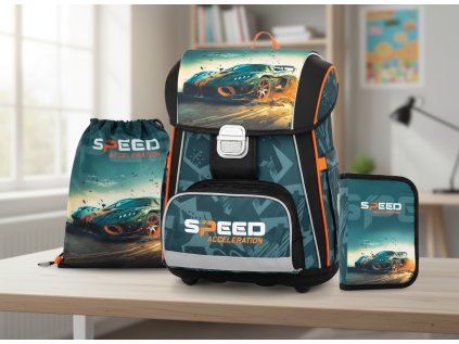 Oxybag Školní  sada set 3ks PREMIUM Auto batoh vhodný i pro prvňáčky, penál, sáček 0-81624