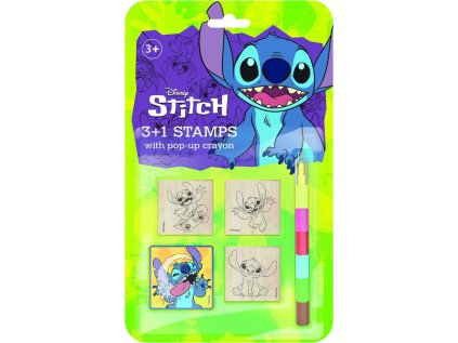 Razítka 3+1 s poduškou dřevěná 4,5x4,5cm s voskovkou Lilo & Stitch na kartě 17x28cm