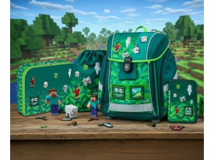 Oxybag Školní set 4ks PREMIUM LIGHT Playworld ve stylu Minecraft sada batoh, penál, sáček, kufr 0-75726/04