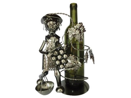 Kovový stojan na víno, motiv vinař s révou