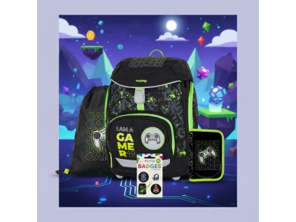 Oxybag Školní set 4ks OXY Sherpy Gamer sada batoh, penál, sáček, dekorační placky 0-25026