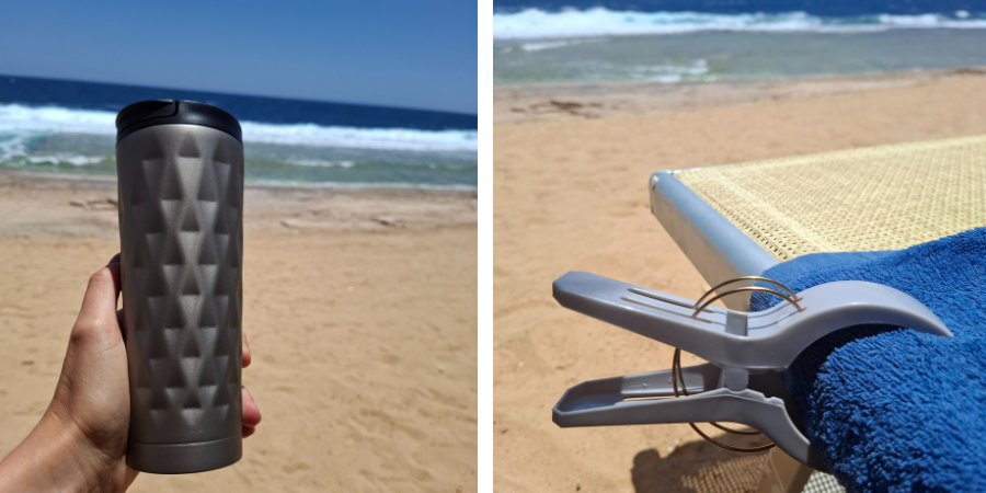 Dovolená s dětmi u moře - termohrnek a kolíček na lehátko