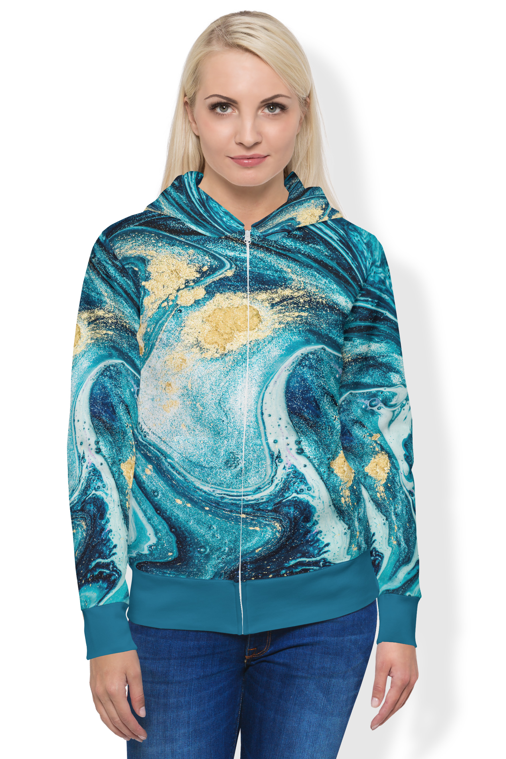UTOPY Mikina Turquois Ardency fullprint na zip Velikost: M