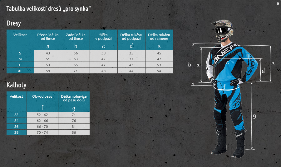 Velikostní tabulka Oneal -děti