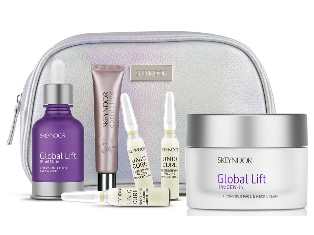 Skeyndor Global Lift Summer Set - liftingový krém pro suchou pleť 50ml + liftingový elixír 3v1 30ml + krém na oční okolí 15ml + micelární voda 100ml + kabelka