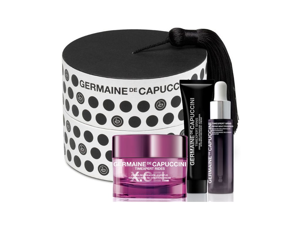 Germaine de Capuccini Timexpert Rides X.Cel Christmas Set – pleťový krém pro korekci hlubokých vrásek 50ml + krém na oční okolí 15ml + noční pleťové sérum 15ml + kabelka