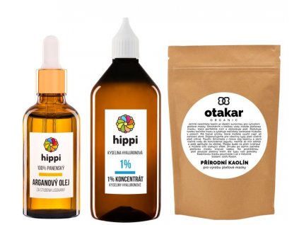 xHippi Set - 1% koncentrát kyseliny hyaluronové 50ml + 100% Bio arganový olej 50ml + čistý kaolín 50g