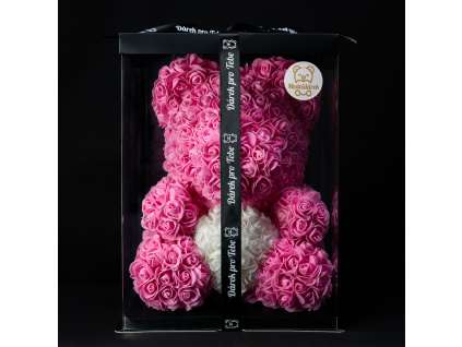 Medvídárek BIG Classic medvídek z růží 40cm dárkově balený - růžový s bílým srdcem