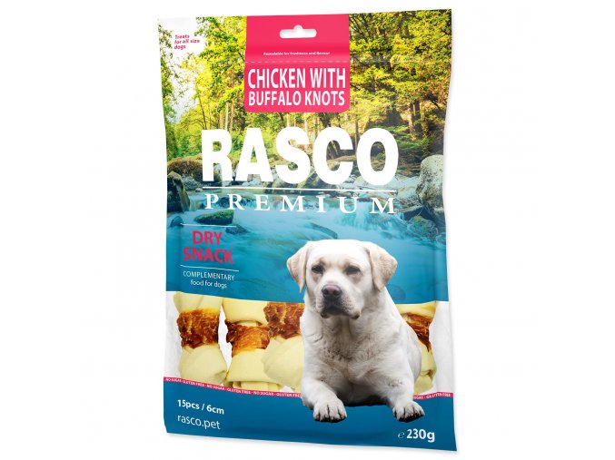 Pochoutka Rasco Premium buvolí kůže obalená kuřecím, uzly 6cm 230g