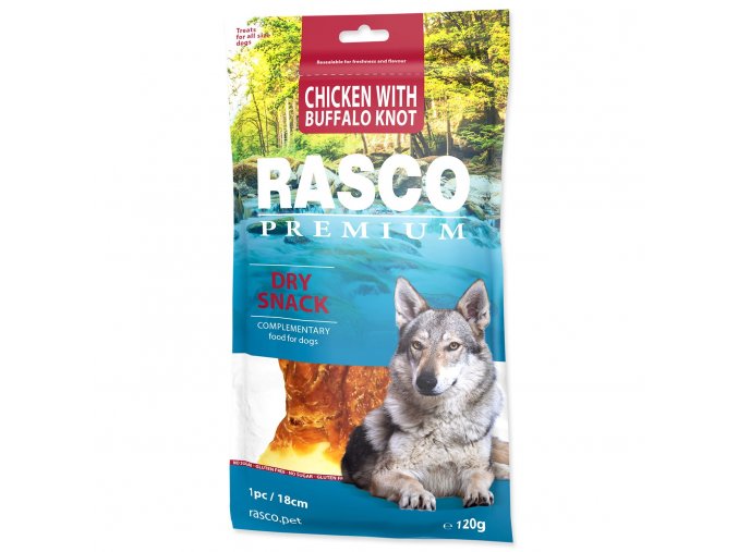 Pochoutka Rasco Premium buvolí kůže obalená kuřecím, uzel 18cm 120g