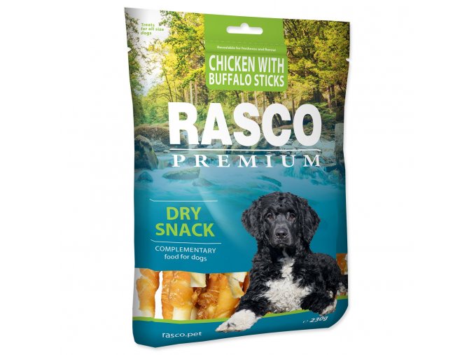 Pochoutka Rasco Premium buvolí kůže obalená kuřecím, tyčinky 230g