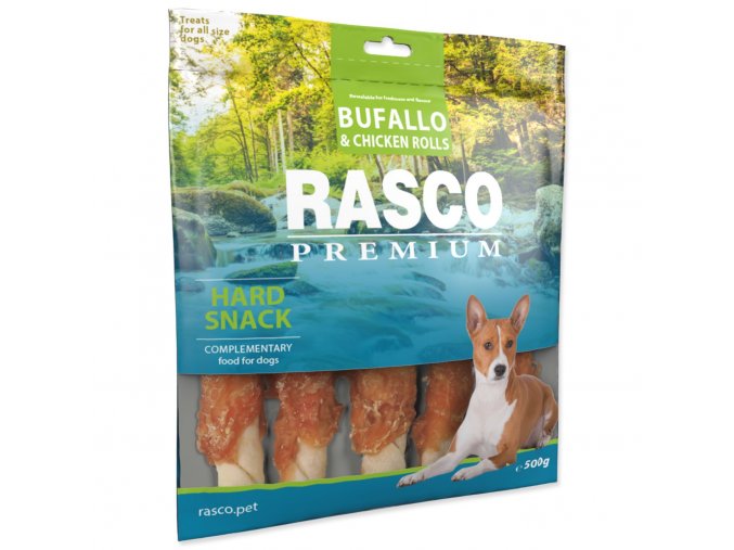 Pochoutka Rasco Premium buvolí kůže obalená kuřecím, tyčinky L 500g
