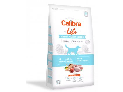 Calibra Dog Life Junior Medium Breed Chicken (Varianta - původní 12 kg  (v akci 7+1 zdarma vychází 1 balení na 1120,87 Kč ))